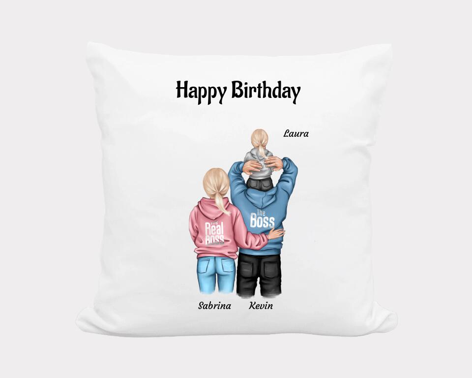 Junge & Mädchen Geburtstag Geschenk Kissen Bild mit Eltern