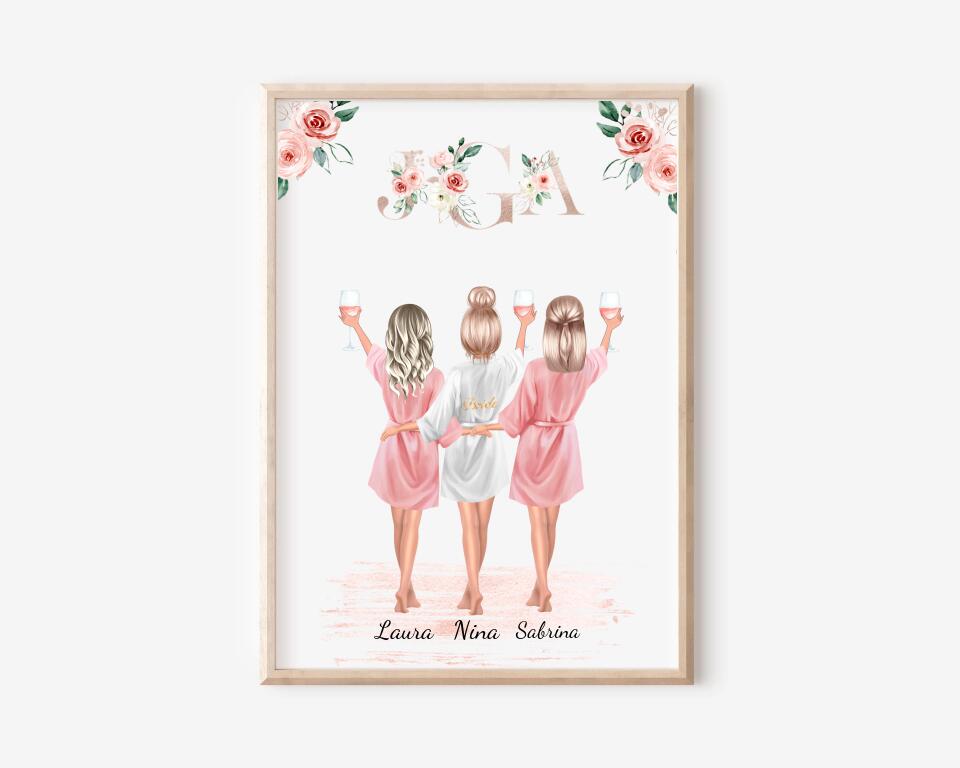 Personalisiertes 3 Personen Poster: Braut, Trauzeugin & Brautjungfer Geschenk