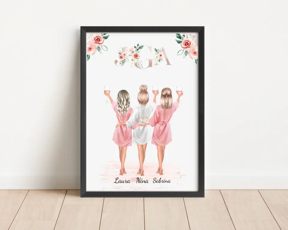 Personalisiertes 3 Personen Poster: Braut, Trauzeugin & Brautjungfer Geschenk