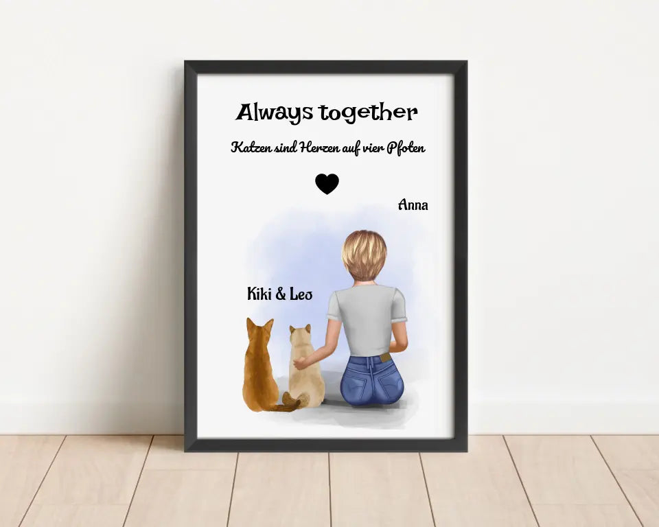 Mädchen und 2 Katzen Bild Geschenk personalisiert