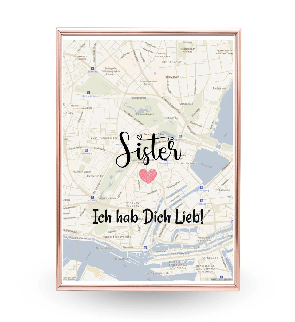 Schwester Poster Stadtkarte Geschenk personalisiert