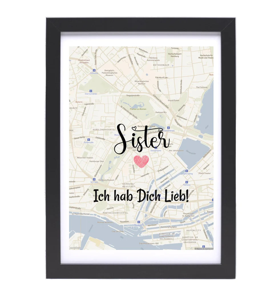 Schwester Poster Stadtkarte Geschenk personalisiert