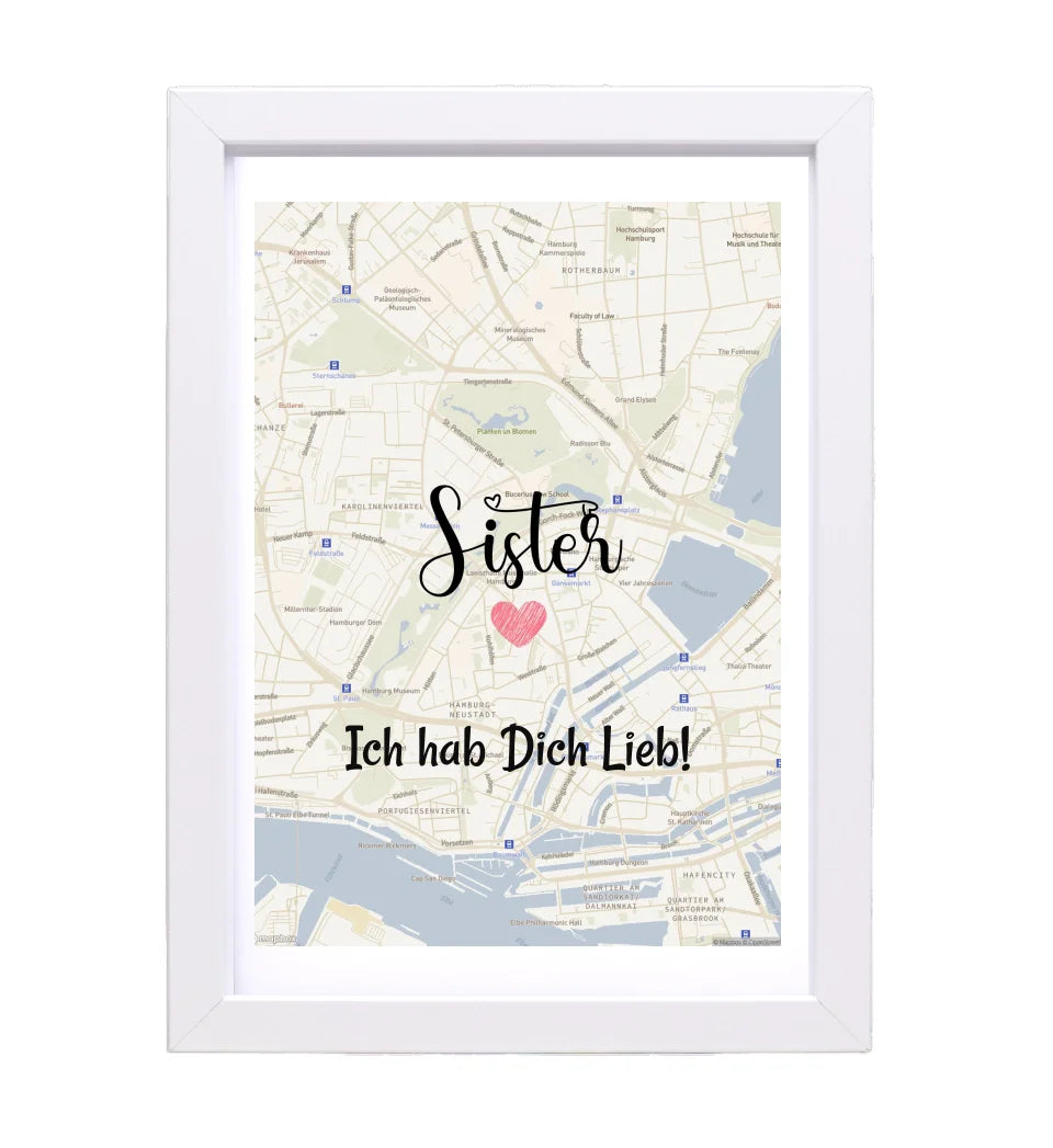 Schwester Poster Stadtkarte Geschenk personalisiert