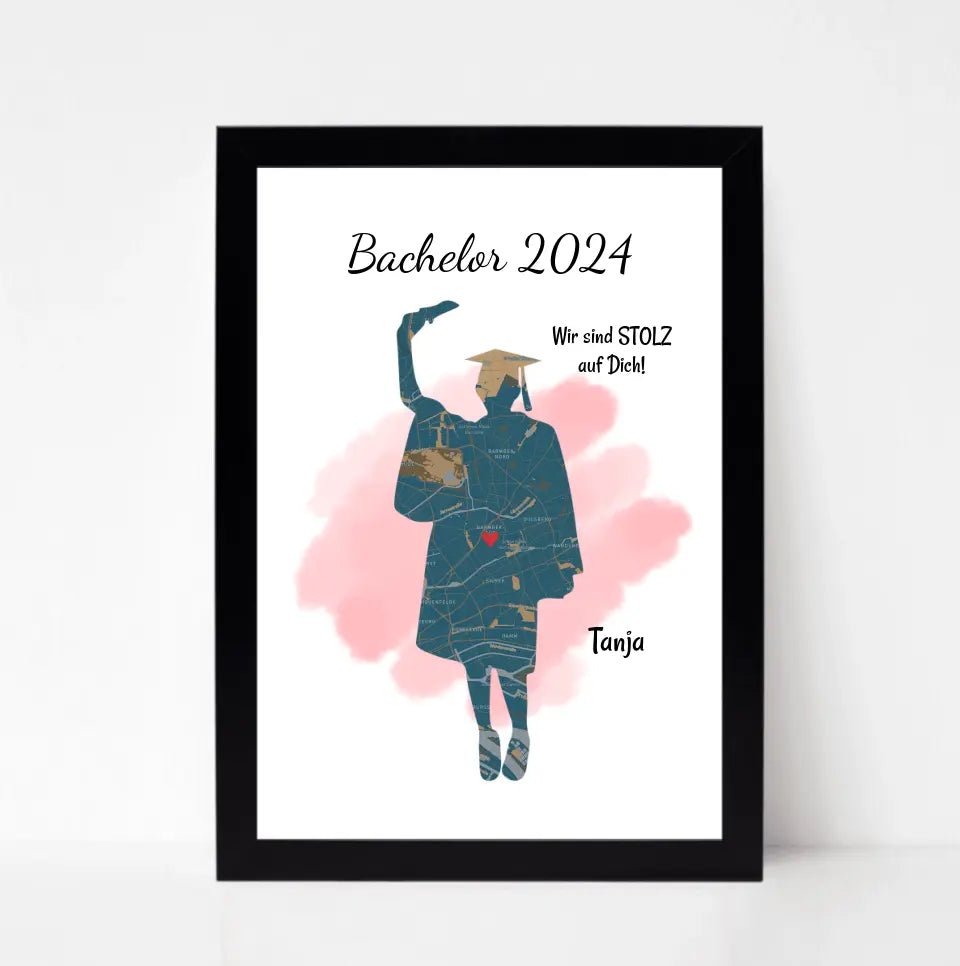 Bachelor Abschluss Poster Geschenk Mädchen personalisiert mit Uni Koordinaten Stadtkarte - Cantty