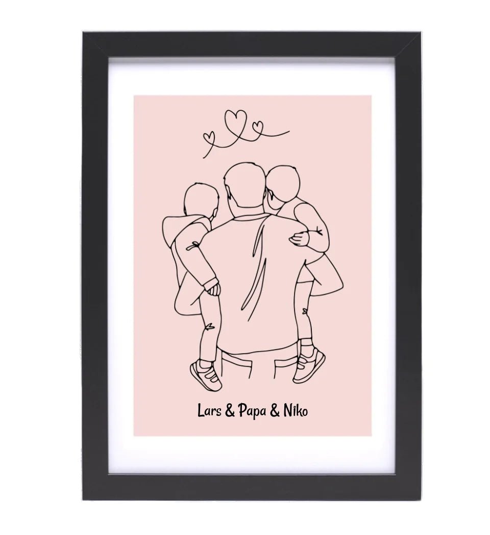 Papa und 2 kleine Söhne im Arm Linienkunst Poster Geschenk für Vater personalisiert - Cantty