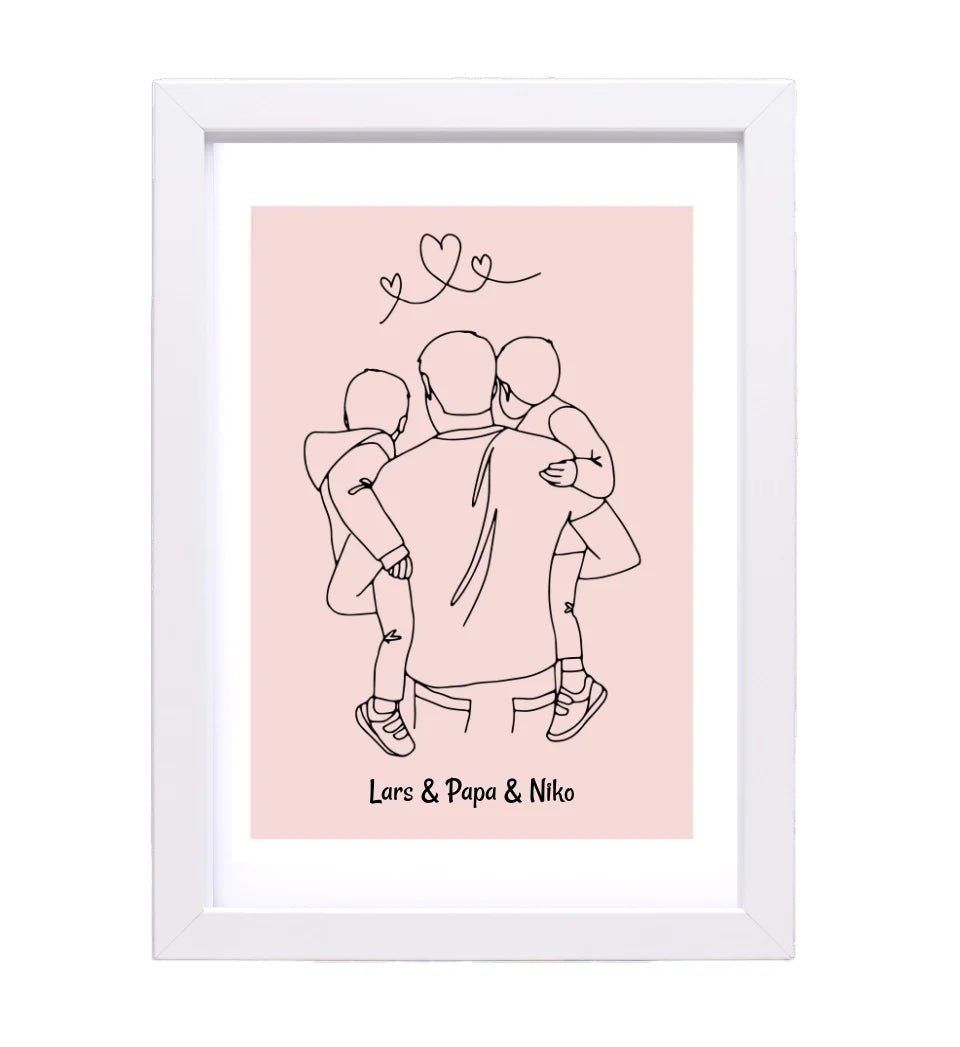 Papa und 2 kleine Söhne im Arm Linienkunst Poster Geschenk für Vater personalisiert - Cantty