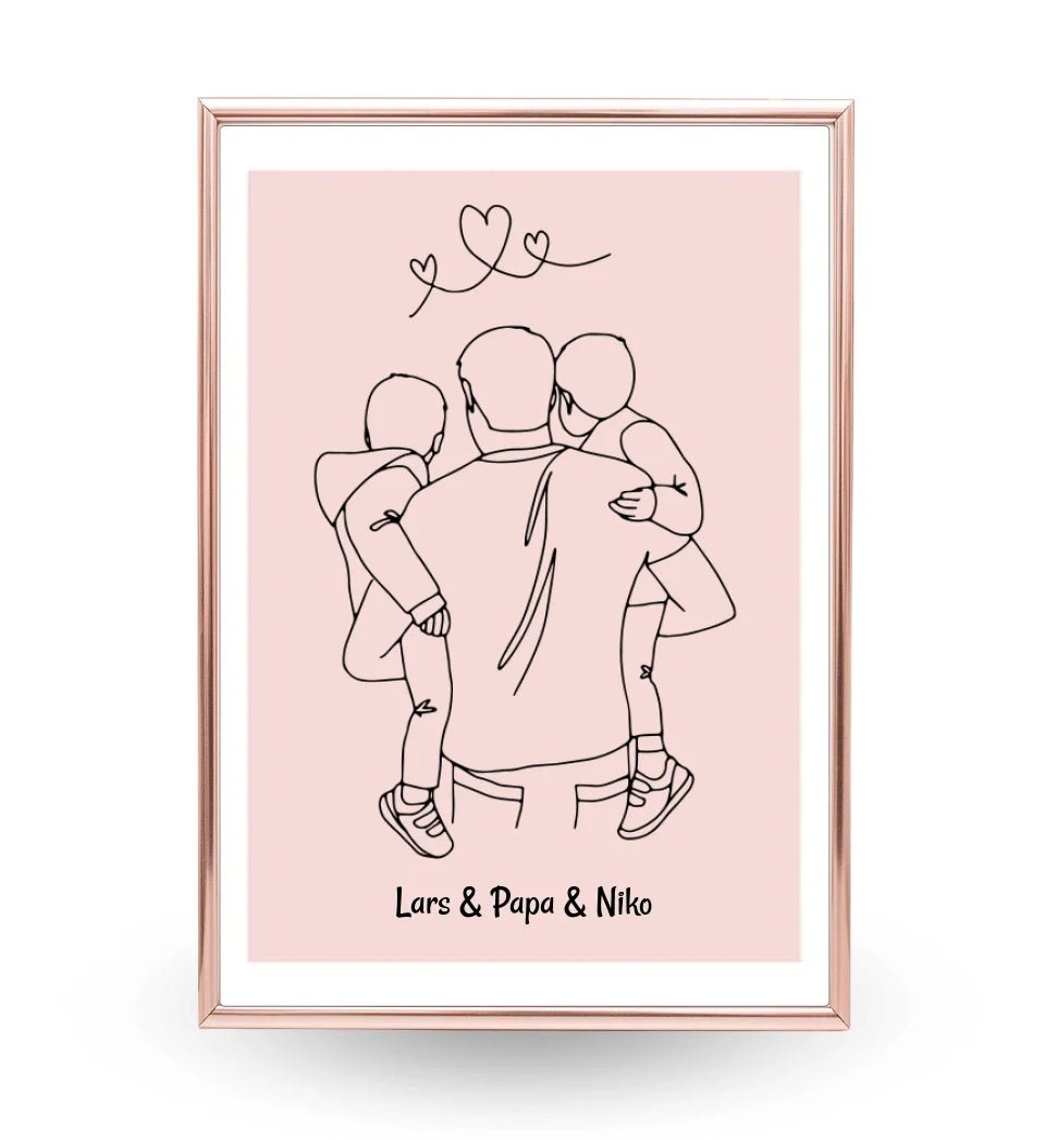 Papa und 2 kleine Söhne im Arm Linienkunst Poster Geschenk für Vater personalisiert - Cantty