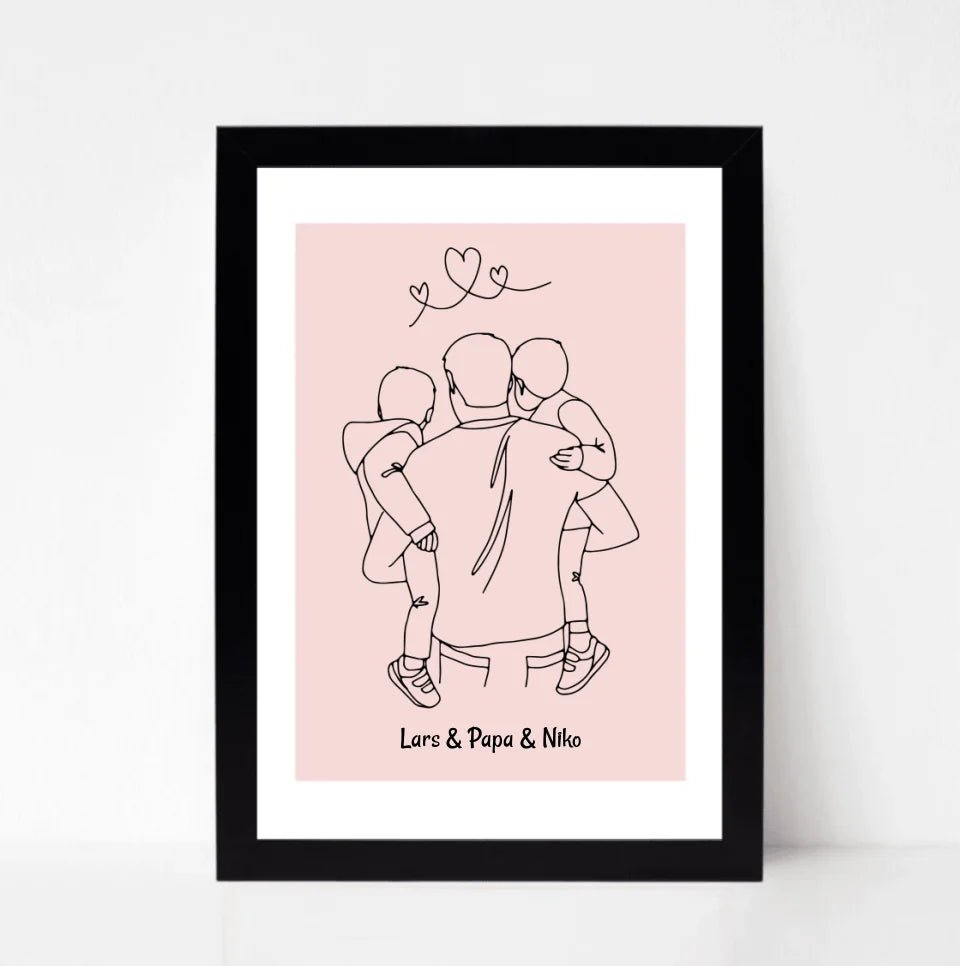 Papa und 2 kleine Söhne im Arm Linienkunst Poster Geschenk für Vater personalisiert - Cantty