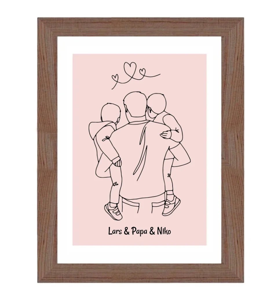 Papa und 2 kleine Söhne im Arm Linienkunst Poster Geschenk für Vater personalisiert - Cantty