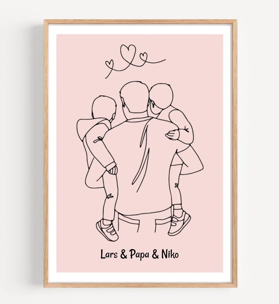 Papa und 2 kleine Söhne im Arm Linienkunst Poster Geschenk für Vater personalisiert - Cantty