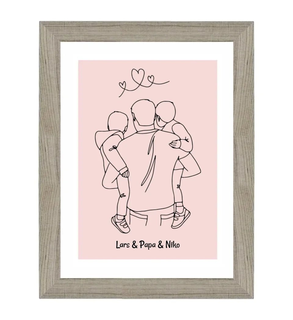 Papa und 2 kleine Söhne im Arm Linienkunst Poster Geschenk für Vater personalisiert - Cantty