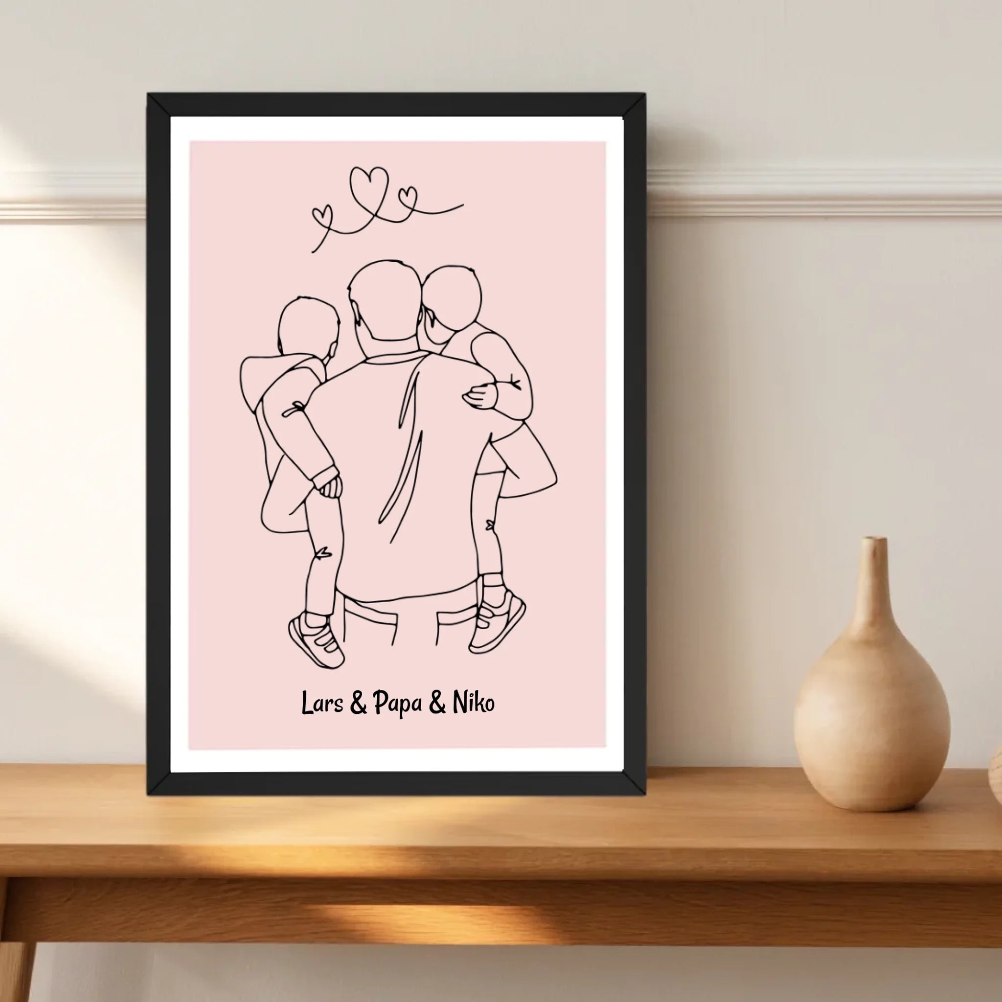 Papa und 2 kleine Söhne im Arm Linienkunst Poster Geschenk für Vater personalisiert - Cantty